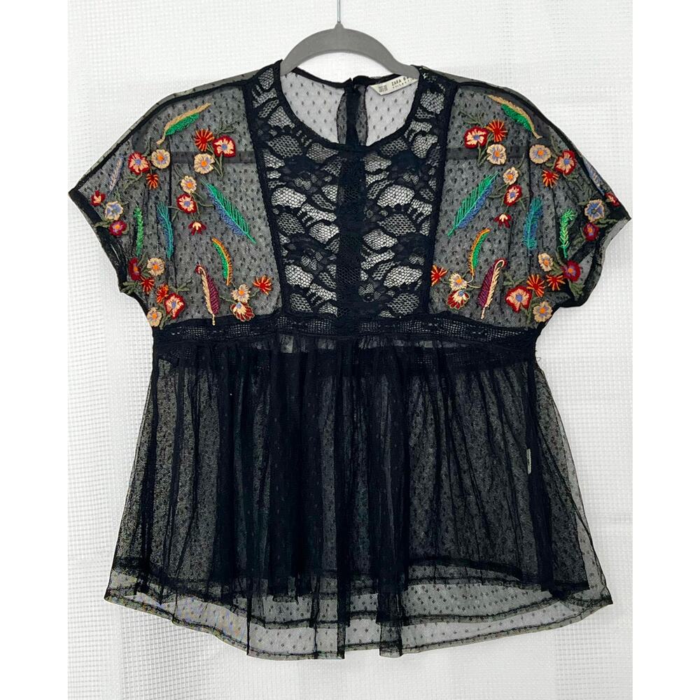 Zara Black/Multi colored Festival Floral Embroidered Sheer Boho Blouse XS